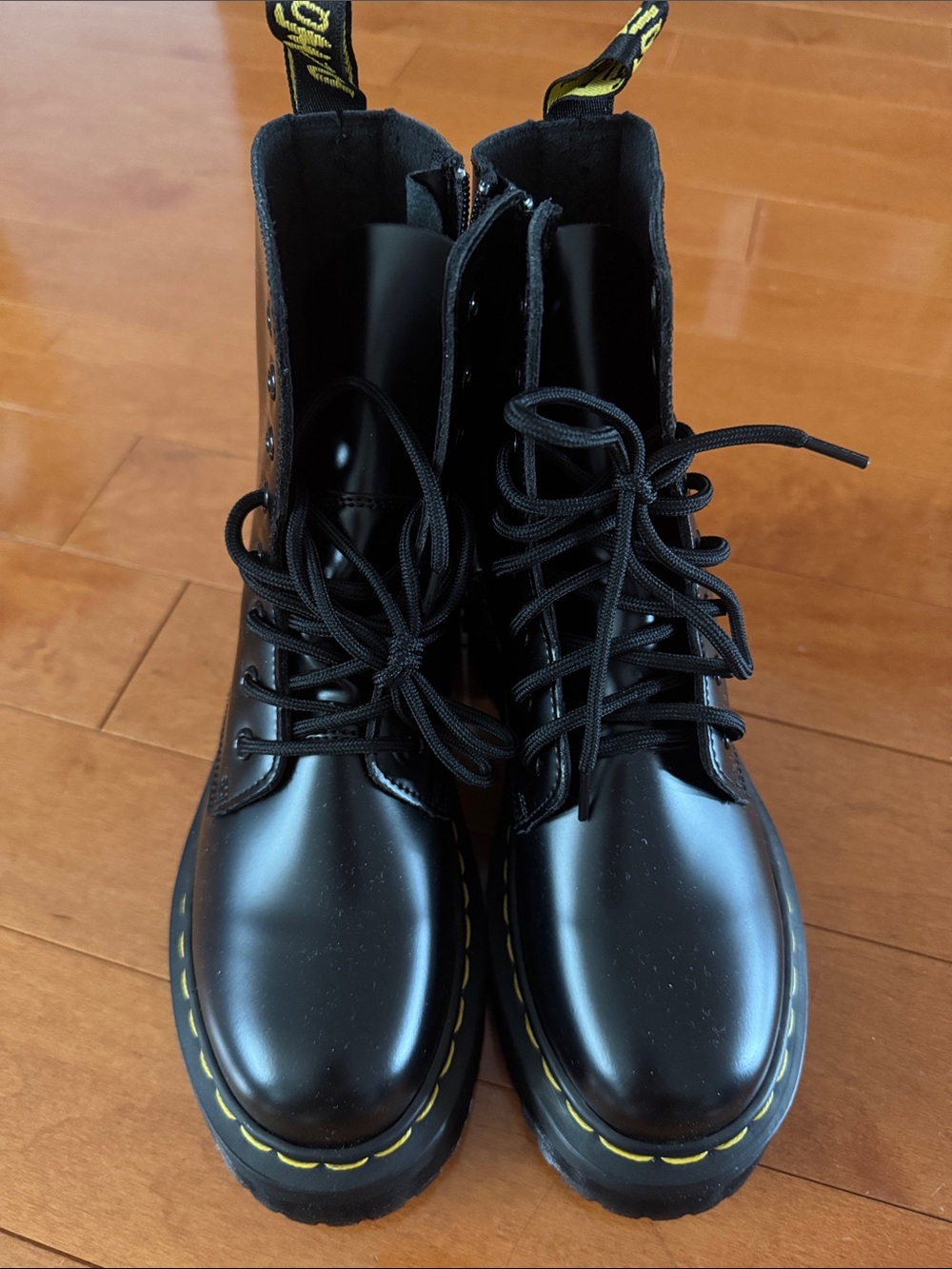 Black Leather Lace-Up Combat Boots with Yellow Stitching